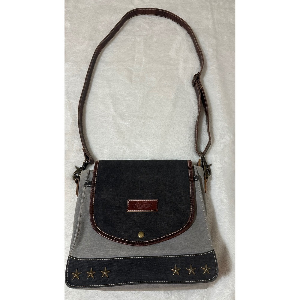 Sixtease Canvas Leather Crossbody Bag Stars Brown Gray Adjustable Strap